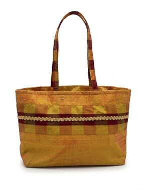 Atenti Vintage Silk Plaid Mini Tote Bag Gold Trim Made in USA